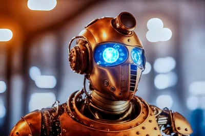 Steampunk Robot Portrait With Glowing Blue Eyes