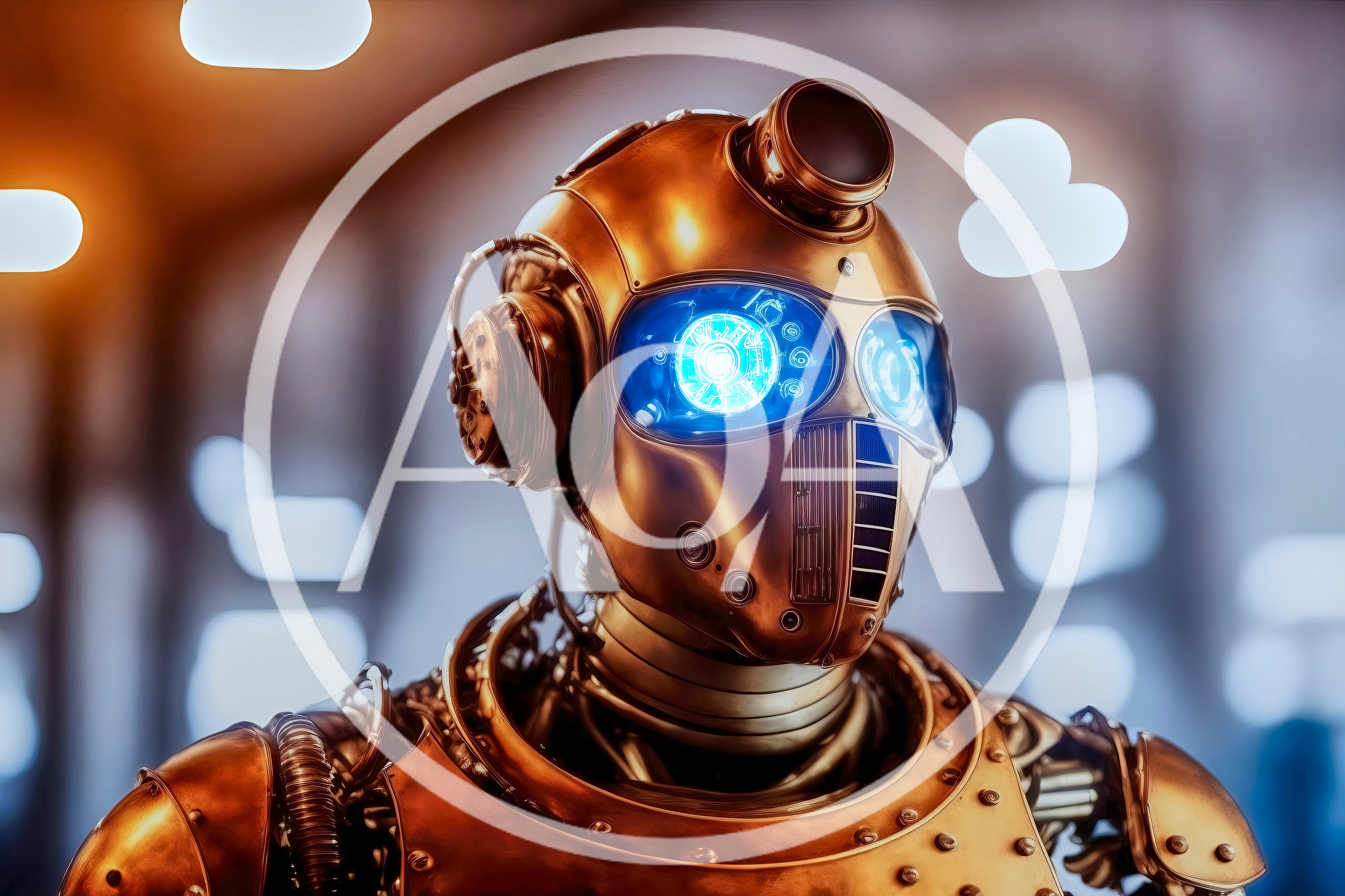 Steampunk Robot Portrait With Glowing Blue Eyes