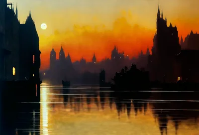 Gothic City Skyline Silhouette At Sunset Over Water