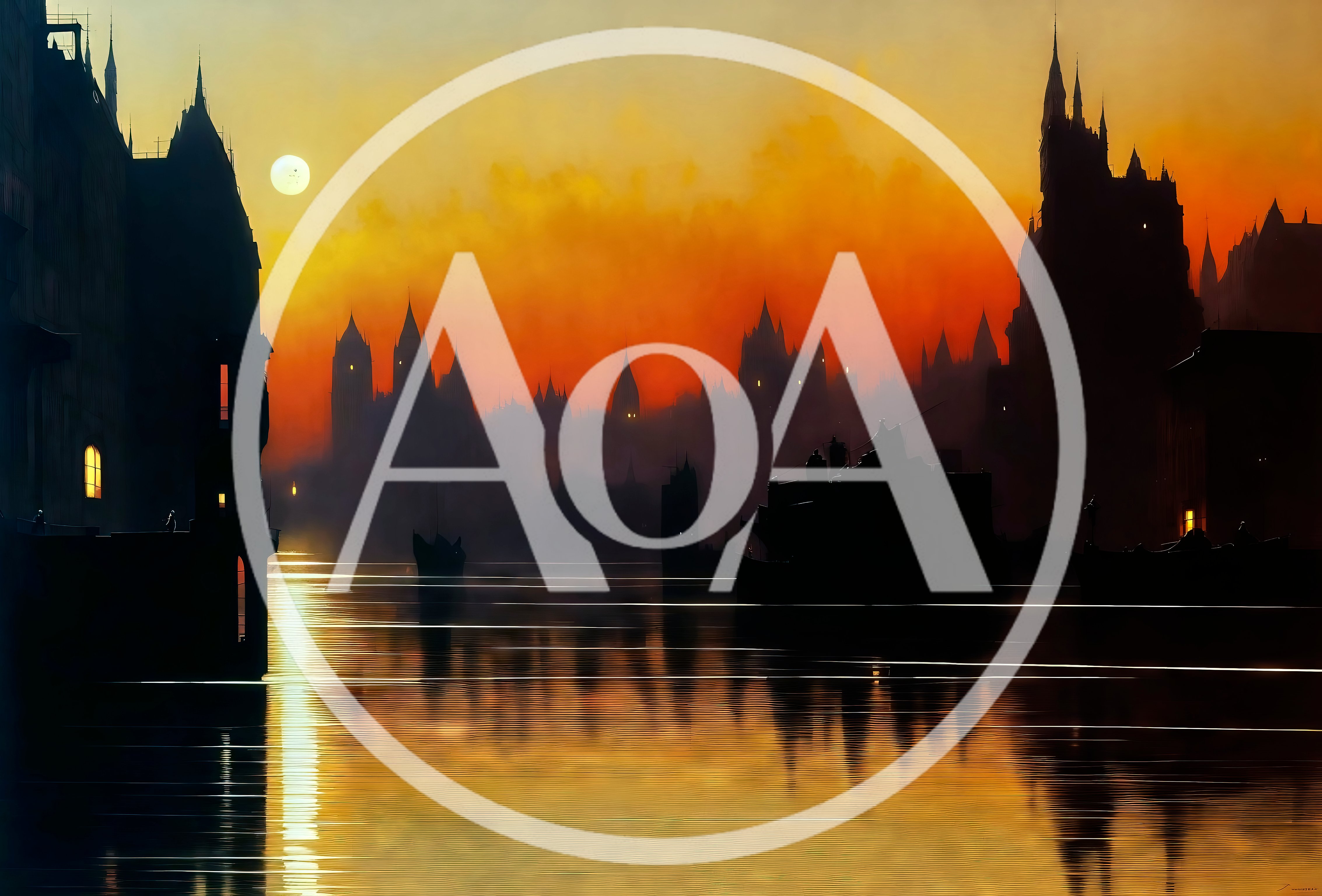 Gothic City Skyline Silhouette At Sunset Over Water