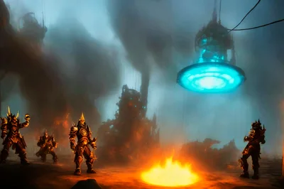 Futuristic Armored Warriors Standing Before A Glowing Industrial Structure