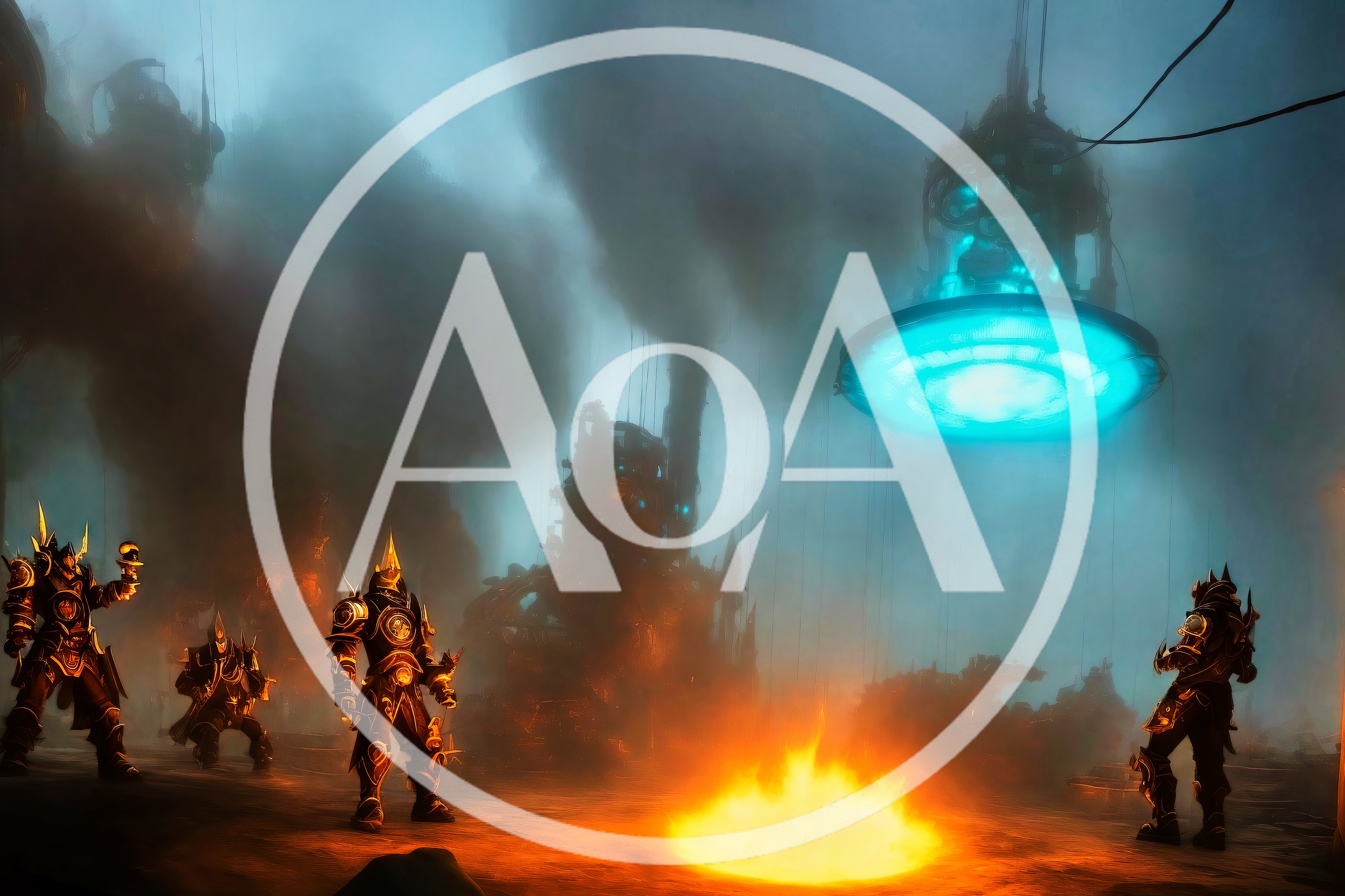 Futuristic Armored Warriors Standing Before A Glowing Industrial Structure