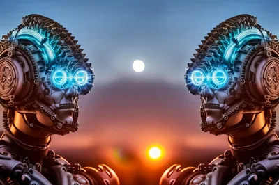 Two Futuristic Cyborg Heads Facing Each Other