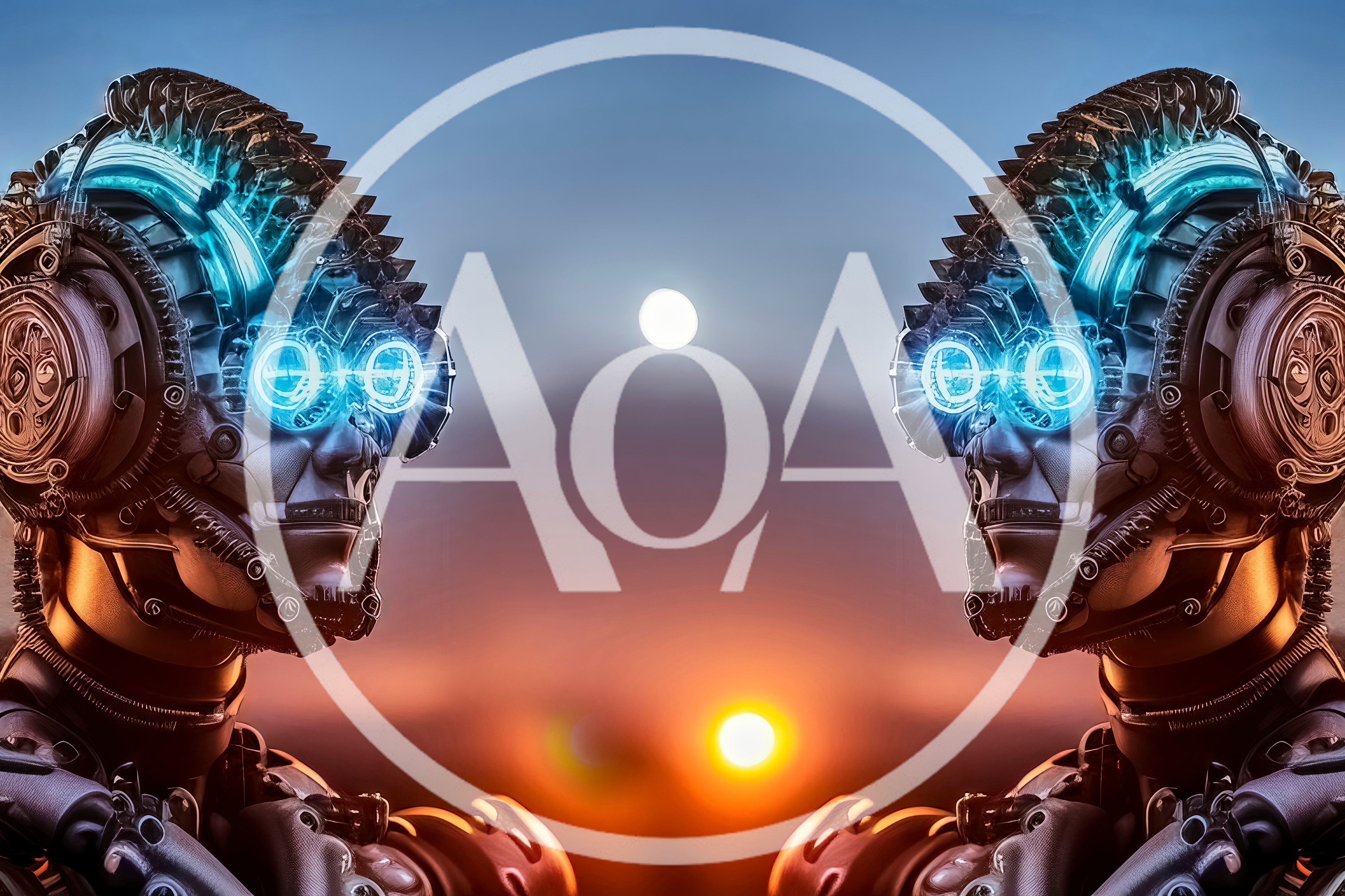 Two Futuristic Cyborg Heads Facing Each Other