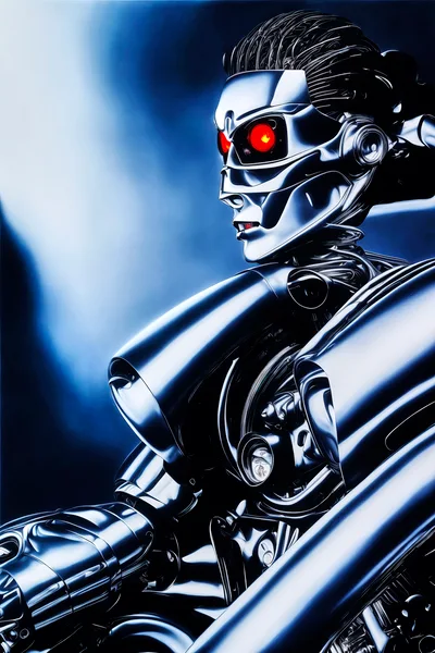 Futuristic Metallic Cyborg Portrait With Glowing Red Eyes