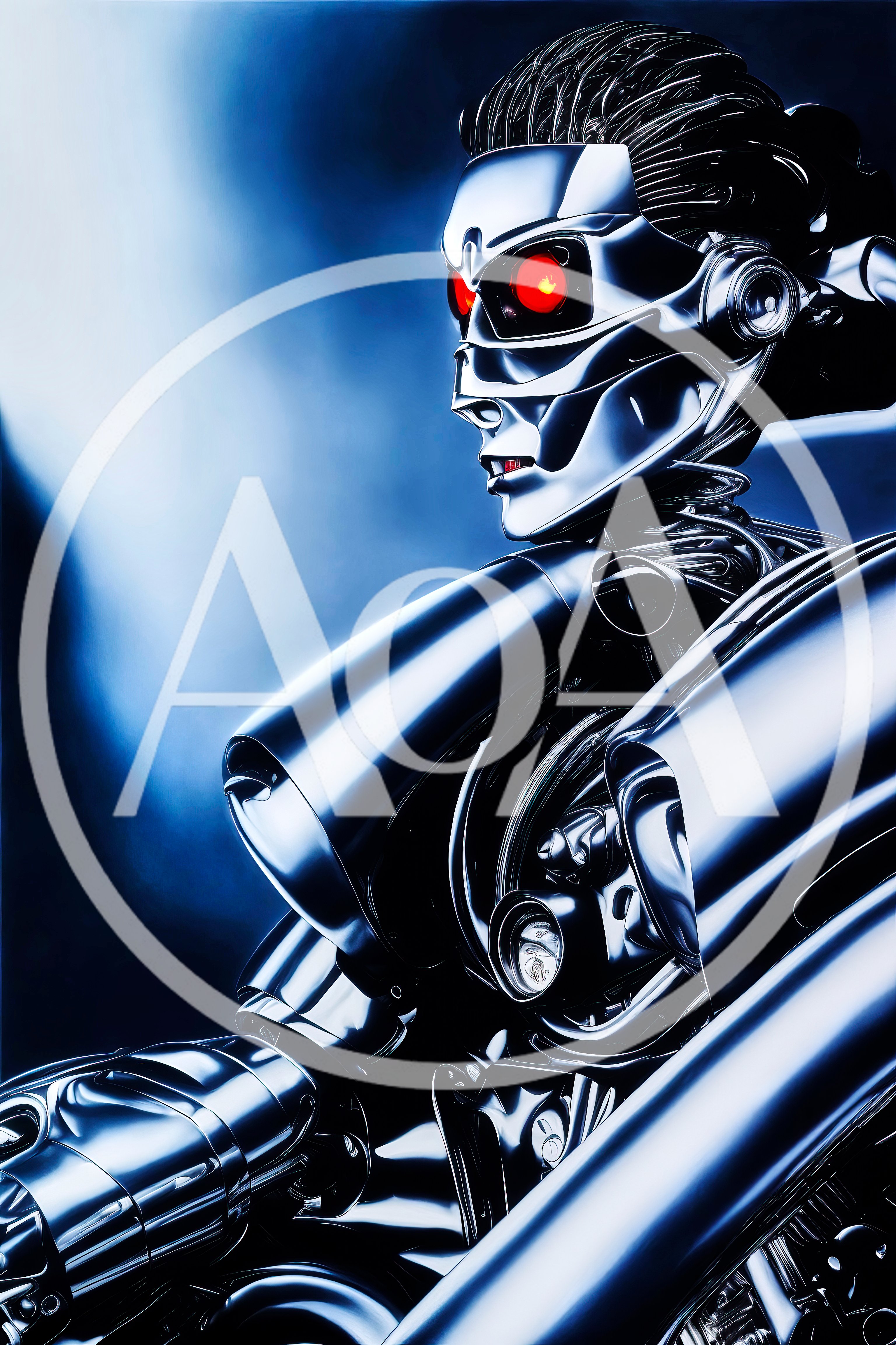 Futuristic Metallic Cyborg Portrait With Glowing Red Eyes