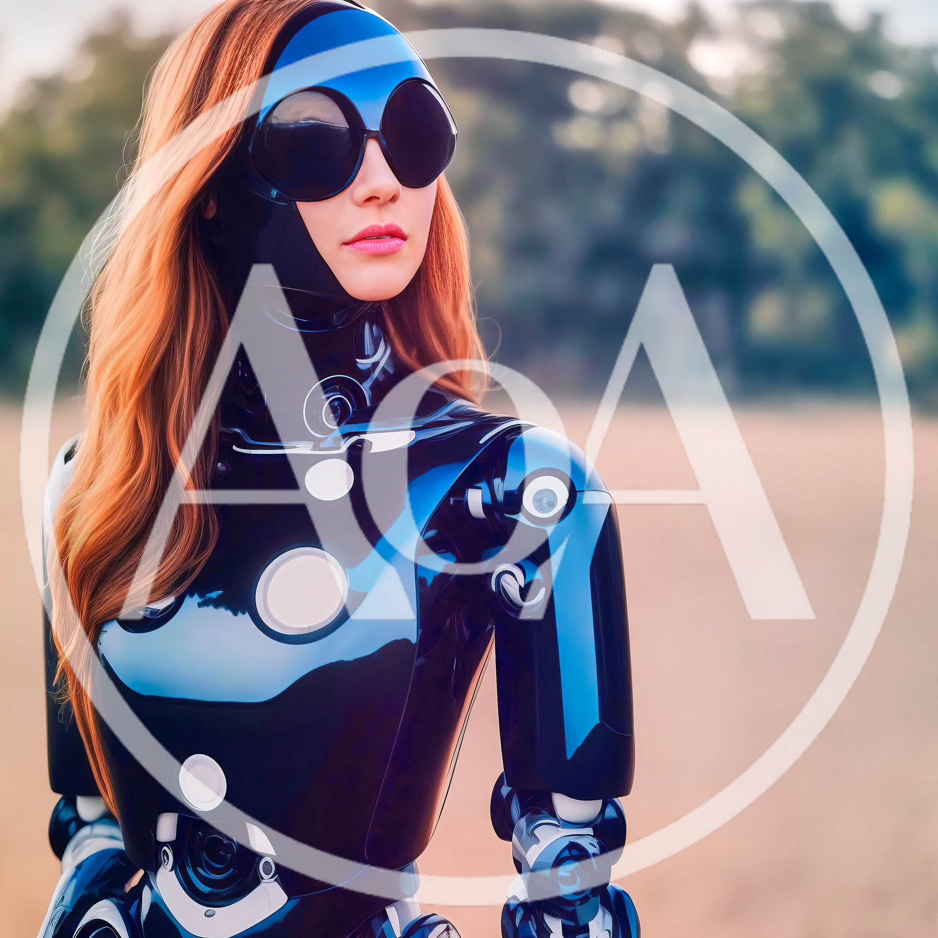 Futuristic Android Woman With Red Hair And Sunglasses