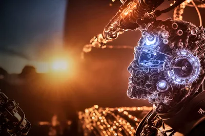 Cybernetic Humanoid Head With Intricate Mechanical Gears