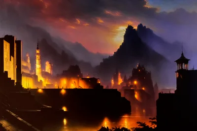 Fantasy Cityscape At Sunset With Glowing Architecture