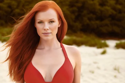 Portrait Of A Beautiful Redheaded Woman On The Beach