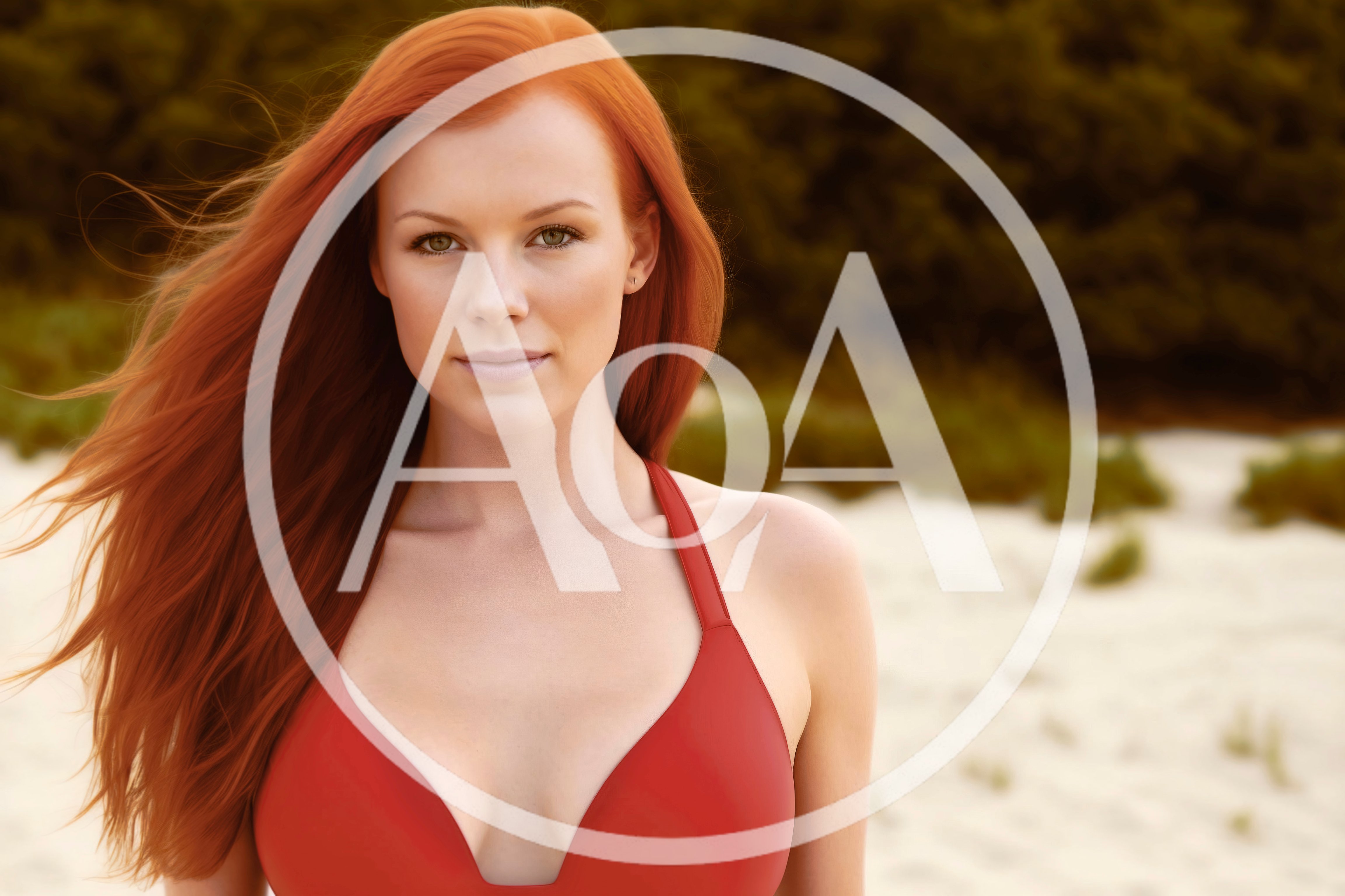 Portrait Of A Beautiful Redheaded Woman On The Beach