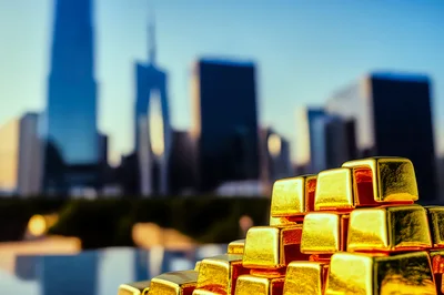 Stack of Gold Bars Against Blurred City Skyline