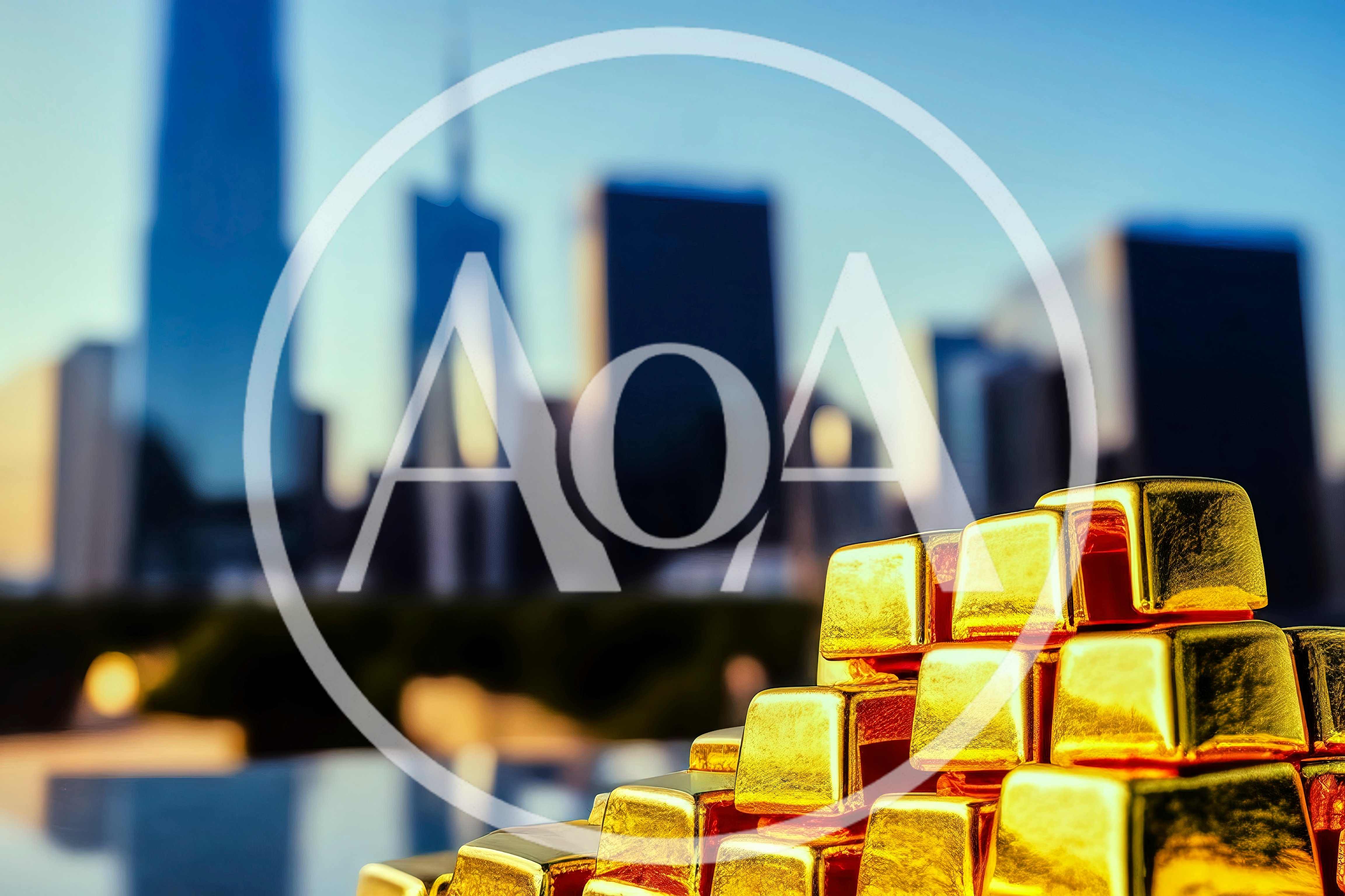 Stack of Gold Bars Against Blurred City Skyline