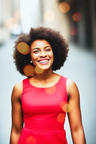 Smiling Woman With Afro Hair In Red Dress