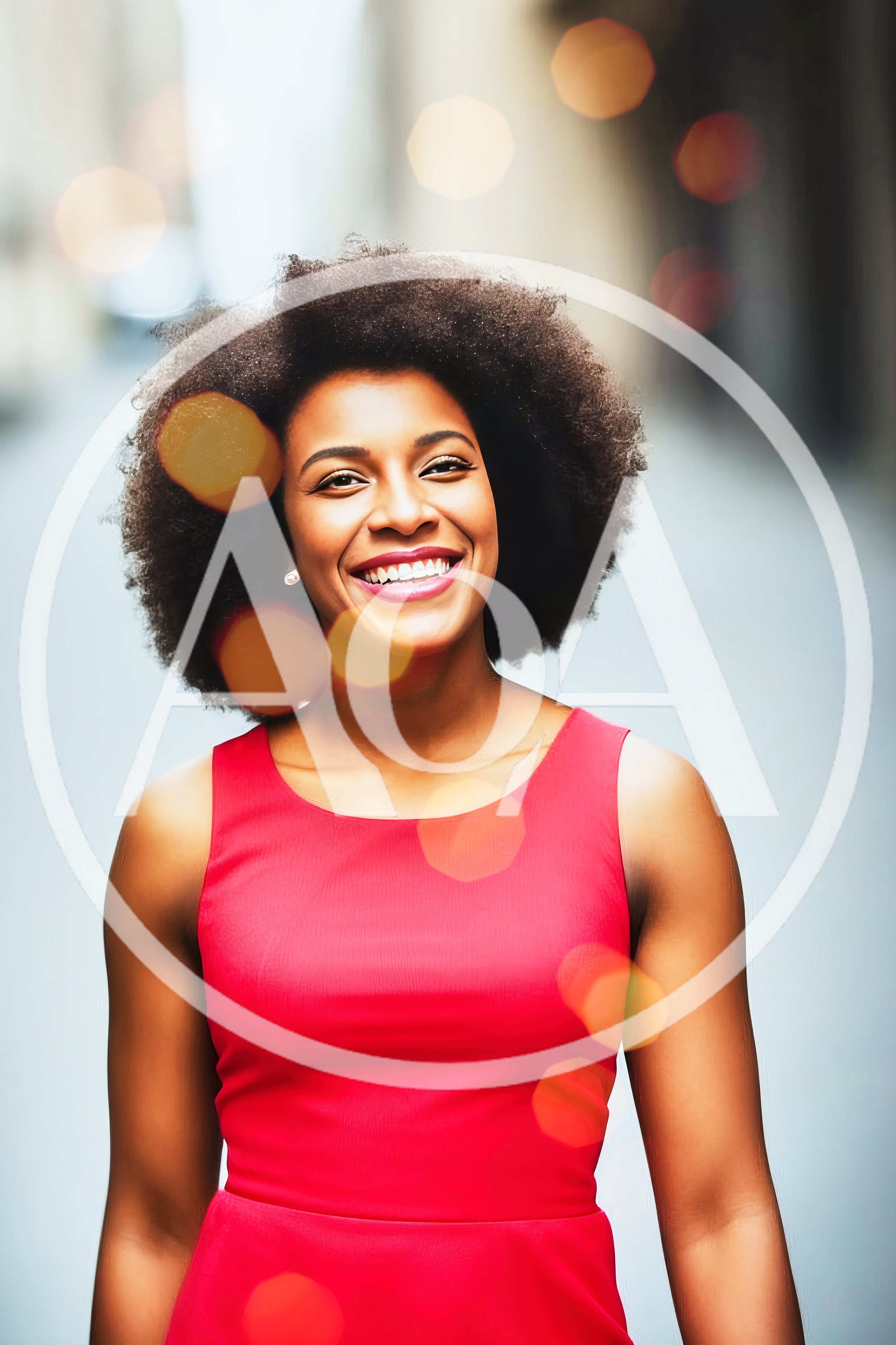 Smiling Woman With Afro Hair In Red Dress