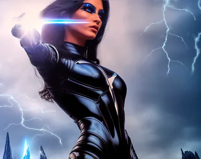 Futuristic Female Superhero With Glowing Blue Eyes And Energy