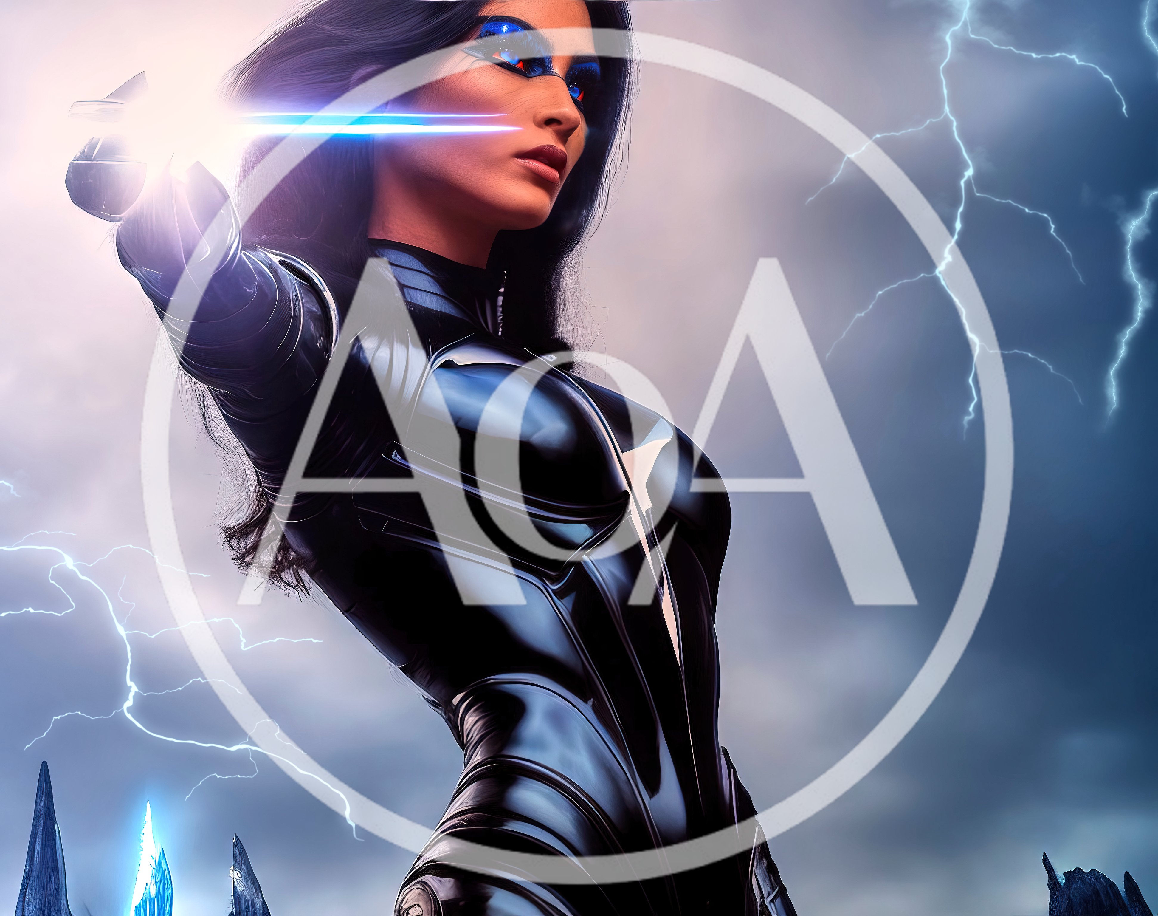 Futuristic Female Superhero With Glowing Blue Eyes And Energy