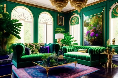 Luxurious Green Living Room With Velvet Sofas