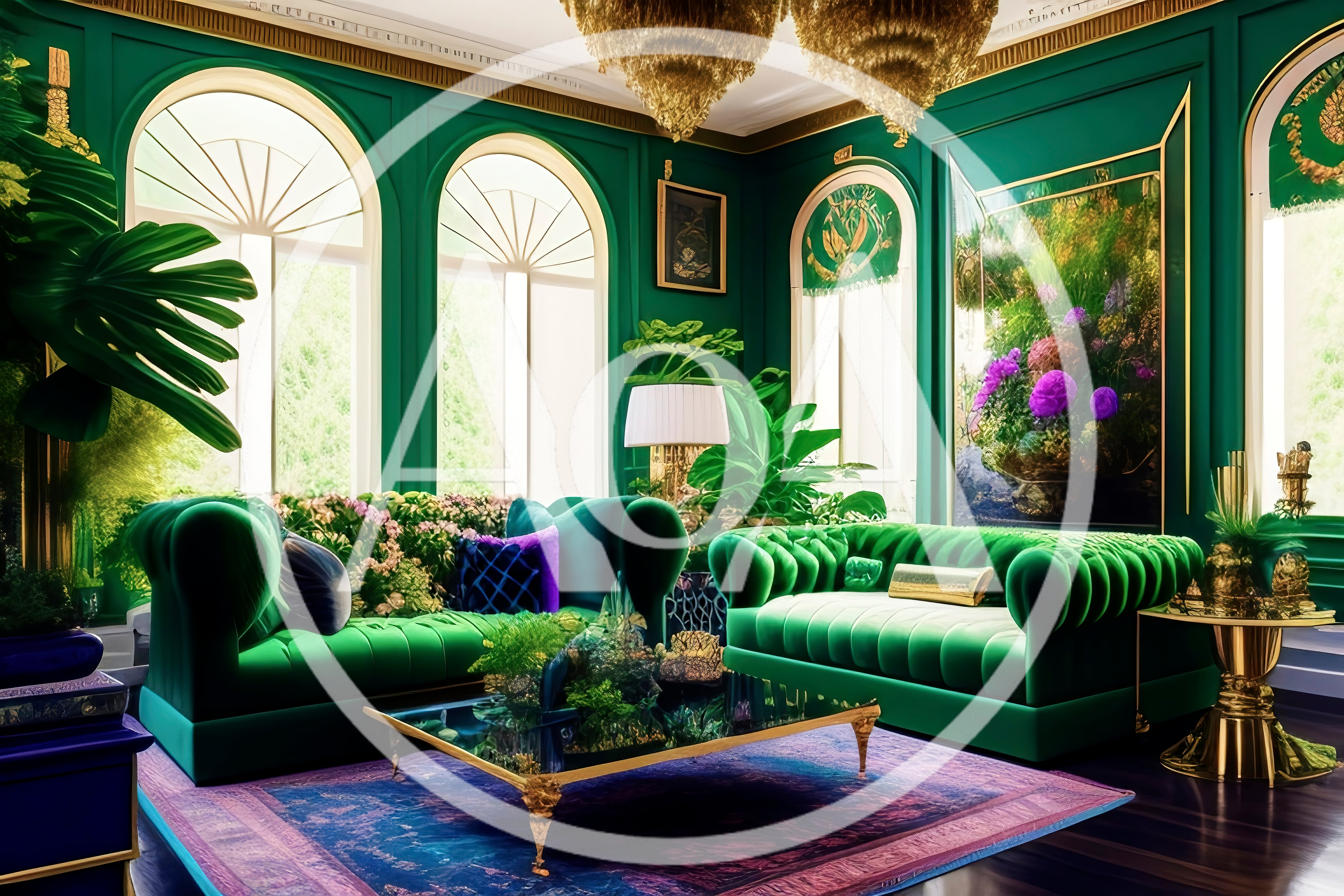 Luxurious Green Living Room With Velvet Sofas