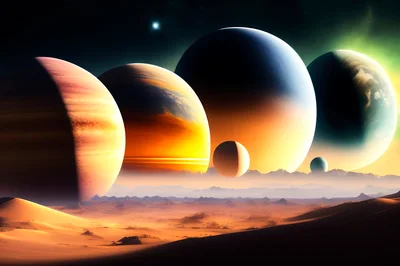 Surreal Alien Desert Landscape With Multiple Giant Planets