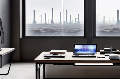 Modern Office Desk With Laptop Overlooking Industrial Landscape