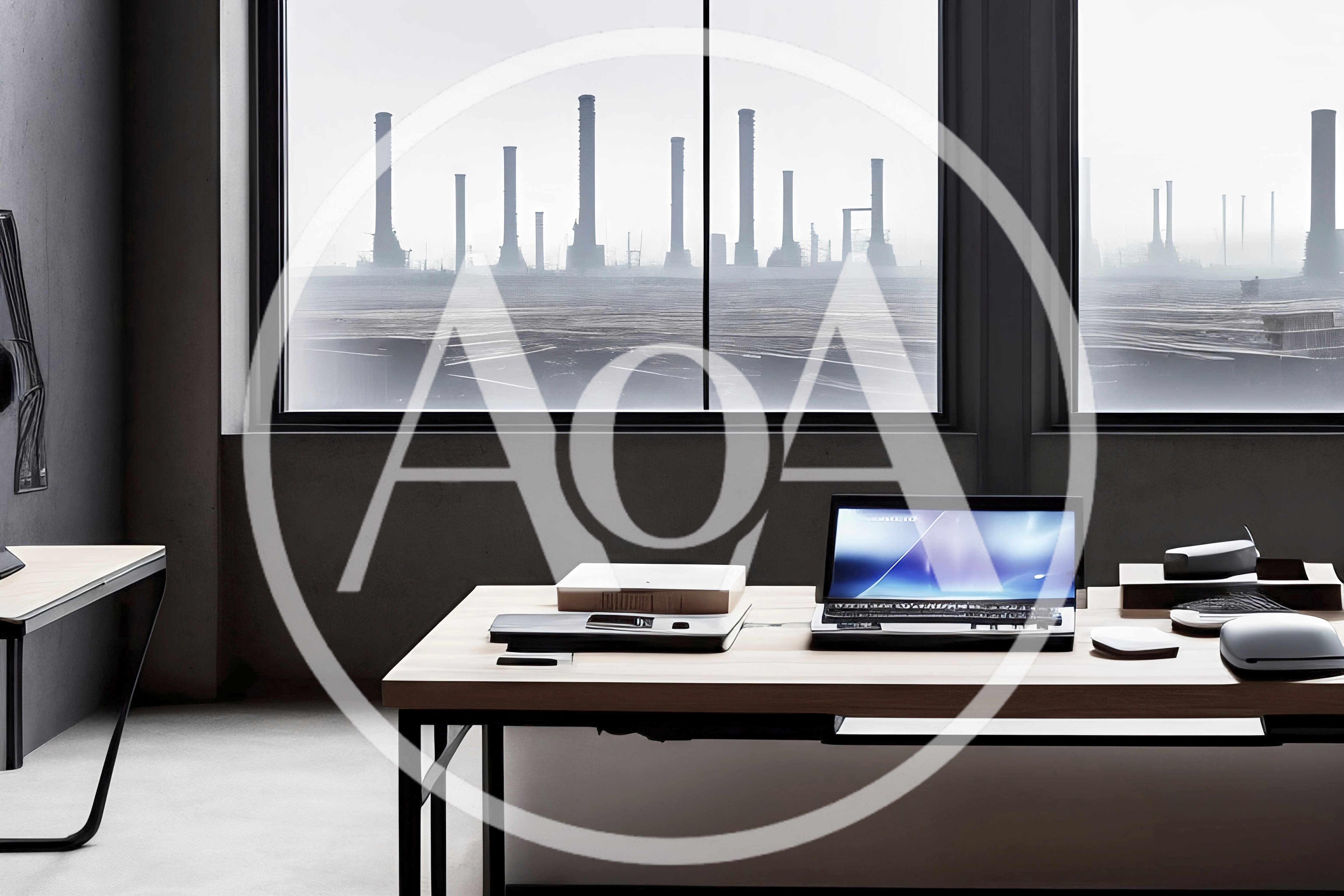 Modern Office Desk With Laptop Overlooking Industrial Landscape