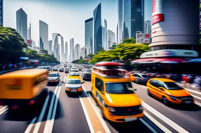 Busy City Traffic With Yellow Vehicles On Urban Highway