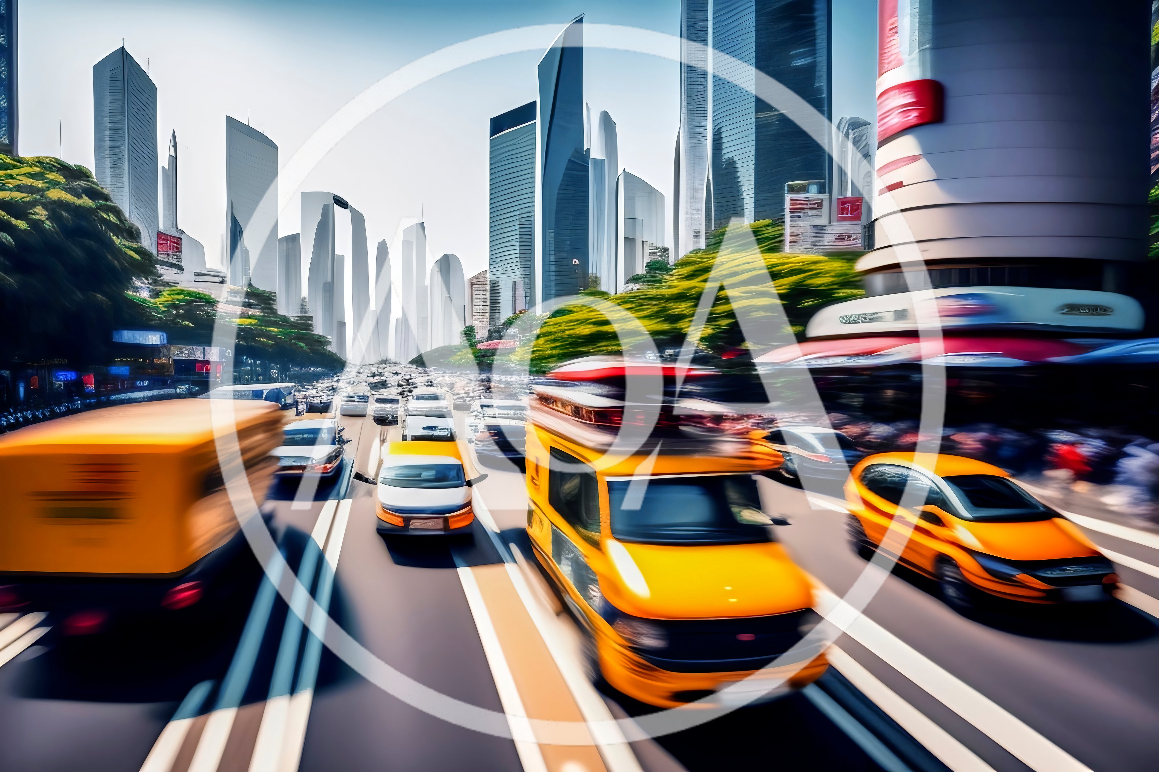 Busy City Traffic With Yellow Vehicles On Urban Highway