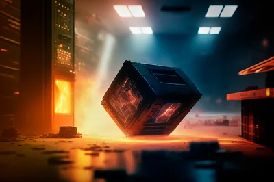 Futuristic Glowing Cube Floating In Industrial Server Room