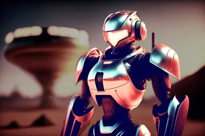 Futuristic Robot Standing On An Alien Planet Surface