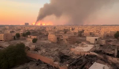 Devastated Cityscape With Large Fire And Smoke Plume