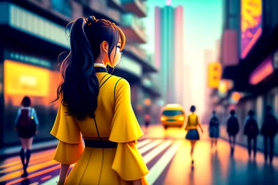Anime Style Girl Walking Through A Vibrant City Street