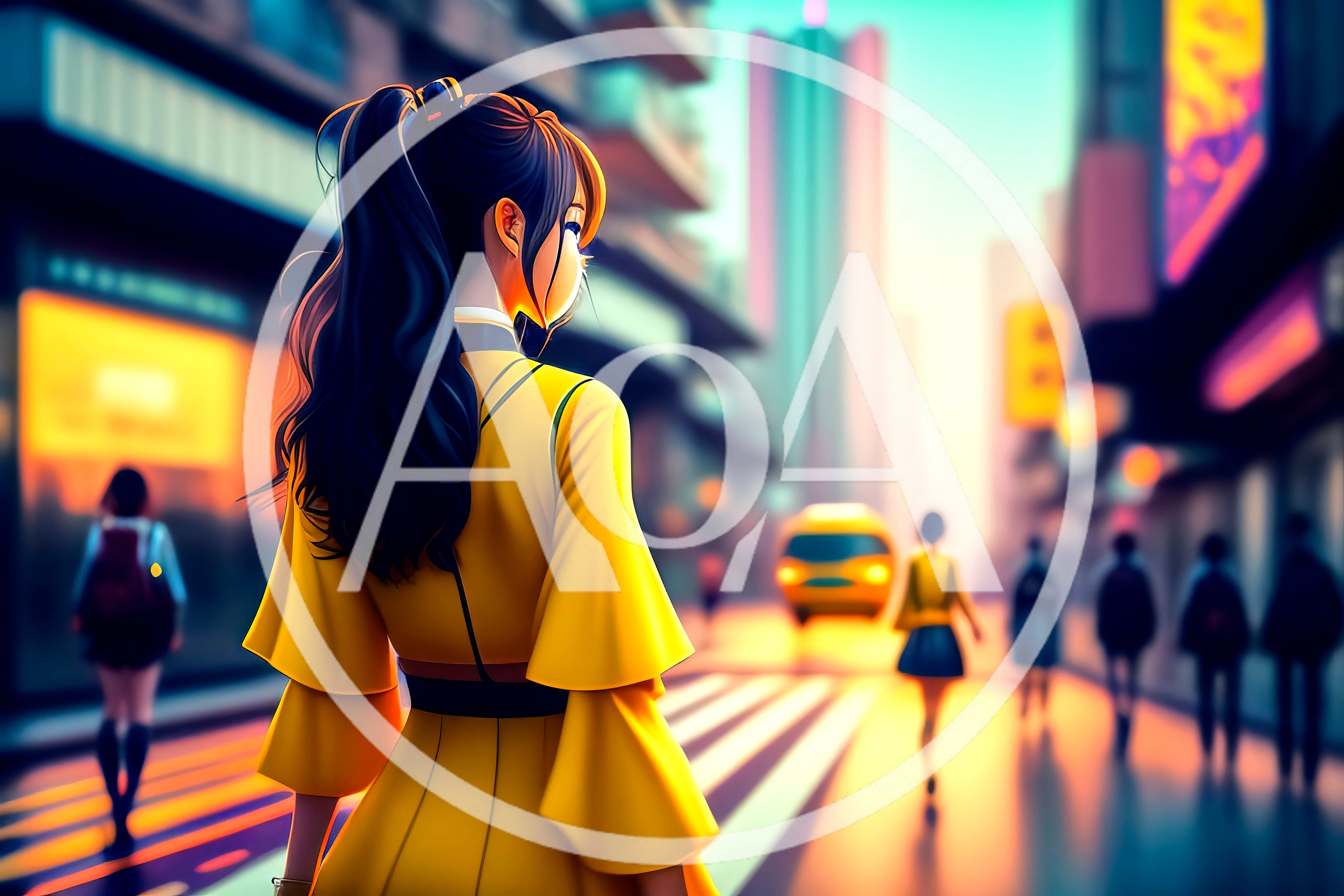 Anime Style Girl Walking Through A Vibrant City Street