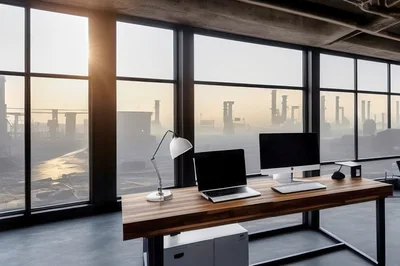 Modern Office Desk With Computer Overlooking Industrial Landscape