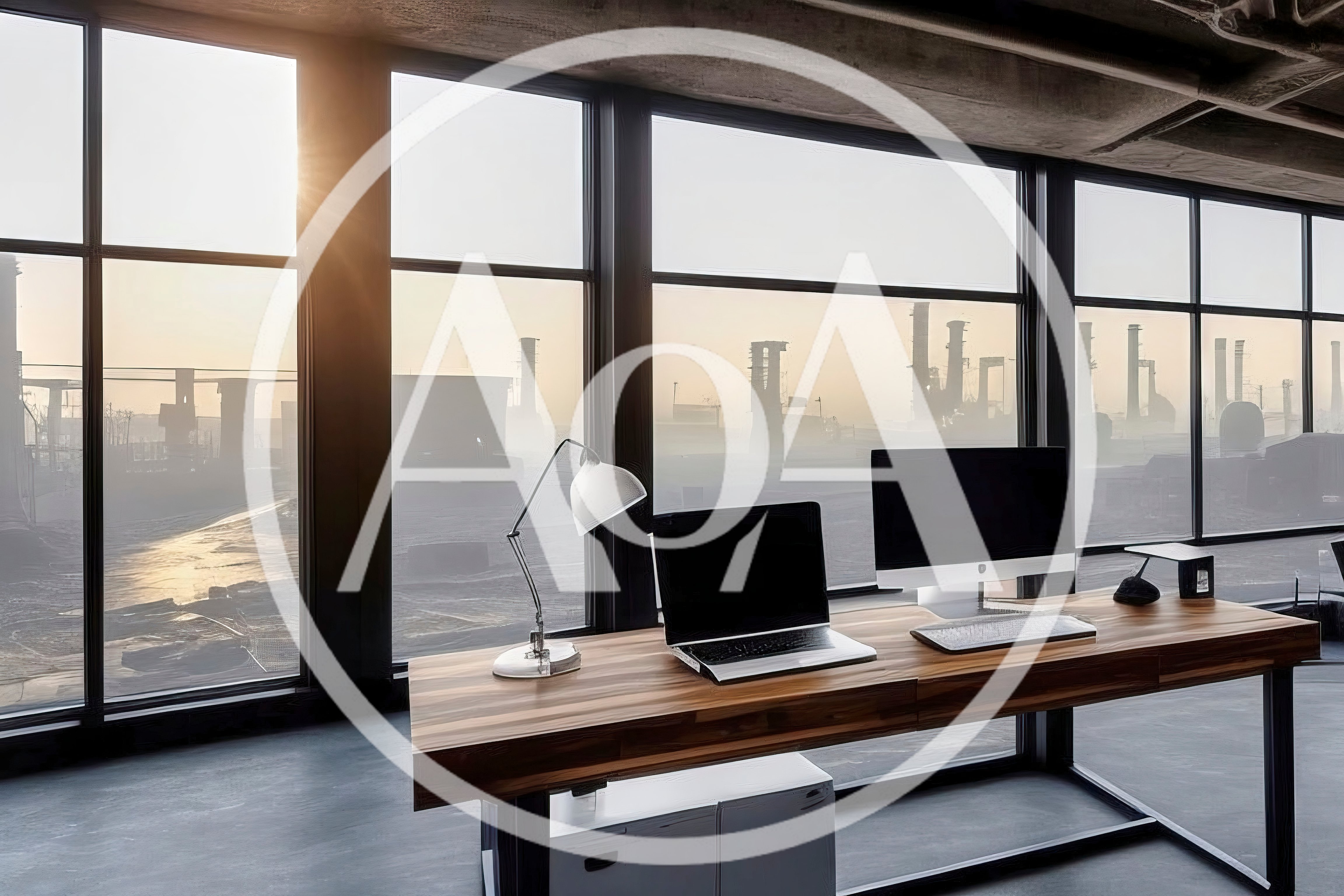 Modern Office Desk With Computer Overlooking Industrial Landscape