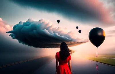 Woman in Red Dress Standing on Road with Balloons