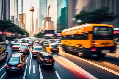Busy City Traffic With Motion Blur In Shanghai