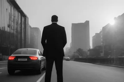 Businessman Standing Beside A Car On A City Street