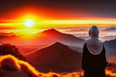Woman In Hijab Watching A Golden Mountain Sunset