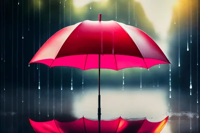 Red Umbrella Standing In Rain With Reflection