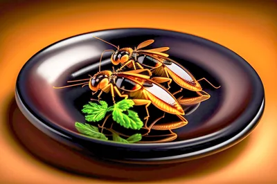 Two Cockroaches Served On A Black Plate