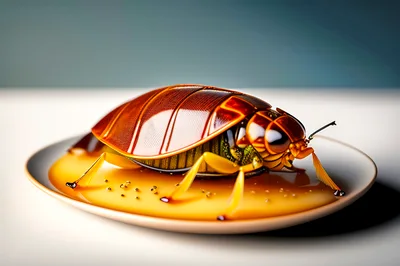 Large Cockroach Sitting On A Plate Of Syrup