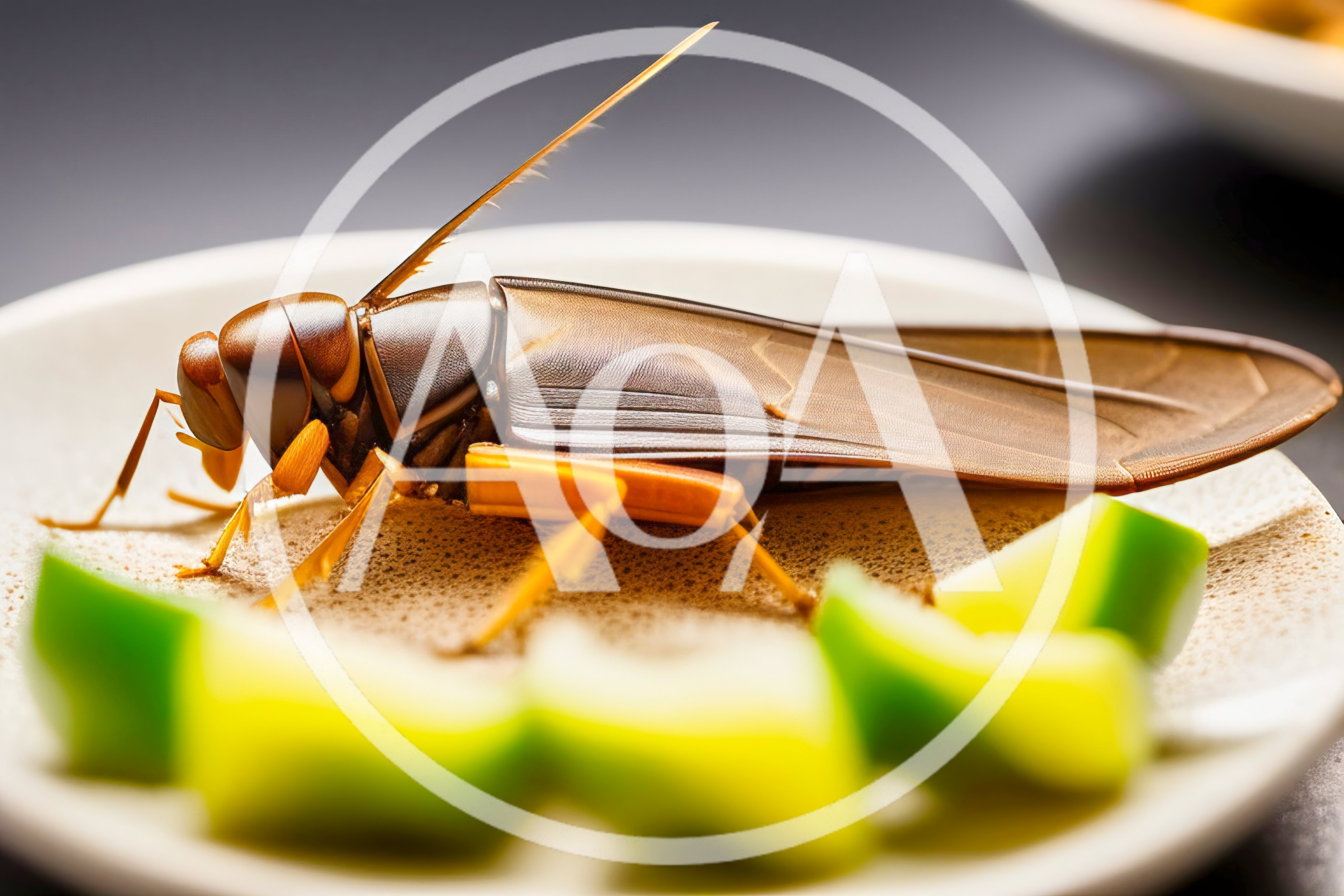 Large Insect Resting On A Plate Of Sliced Fruit