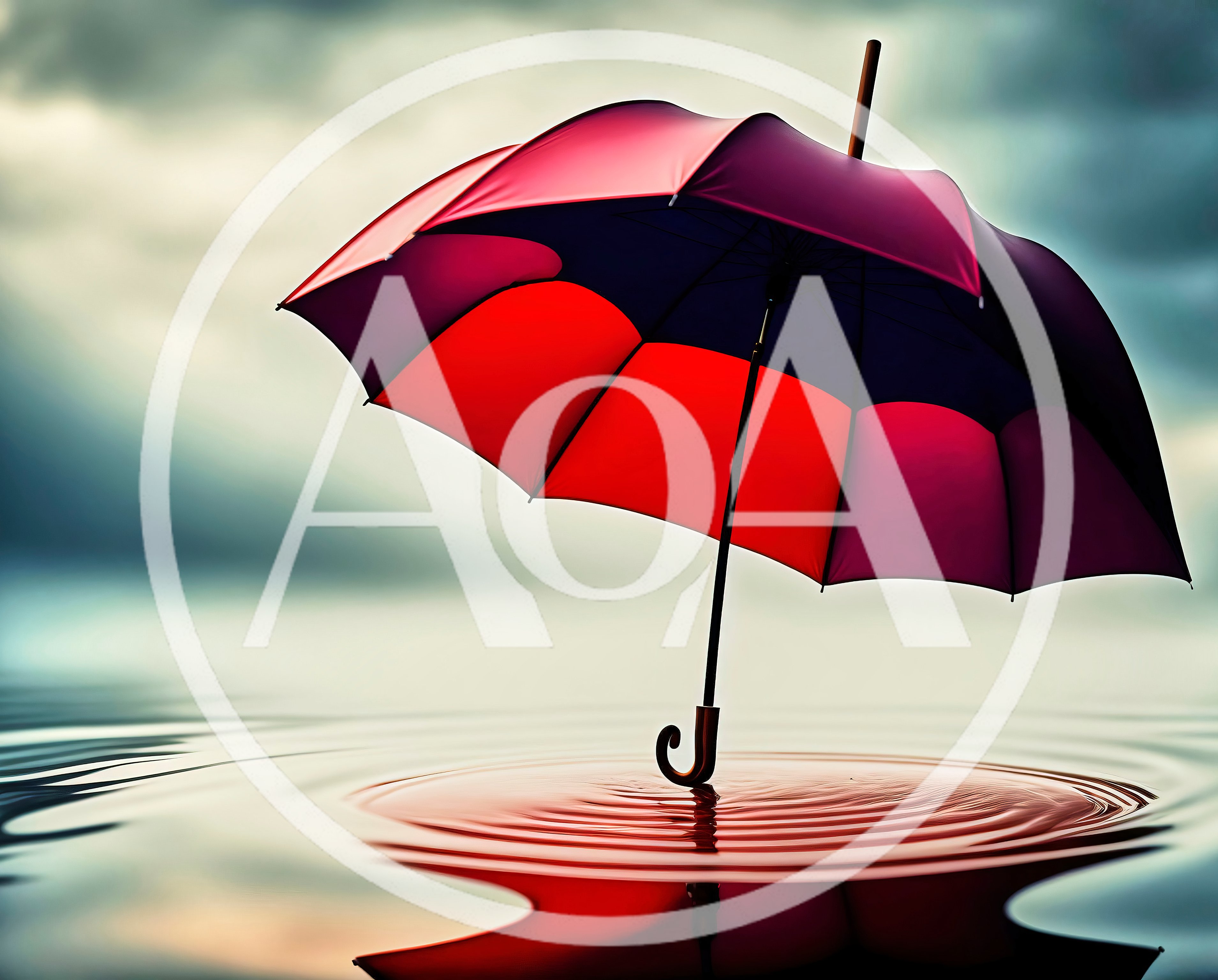Red Umbrella Floating On Calm Water Surface