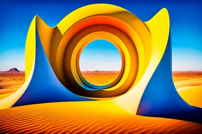 Abstract Yellow And Blue Sculpture In Desert Landscape