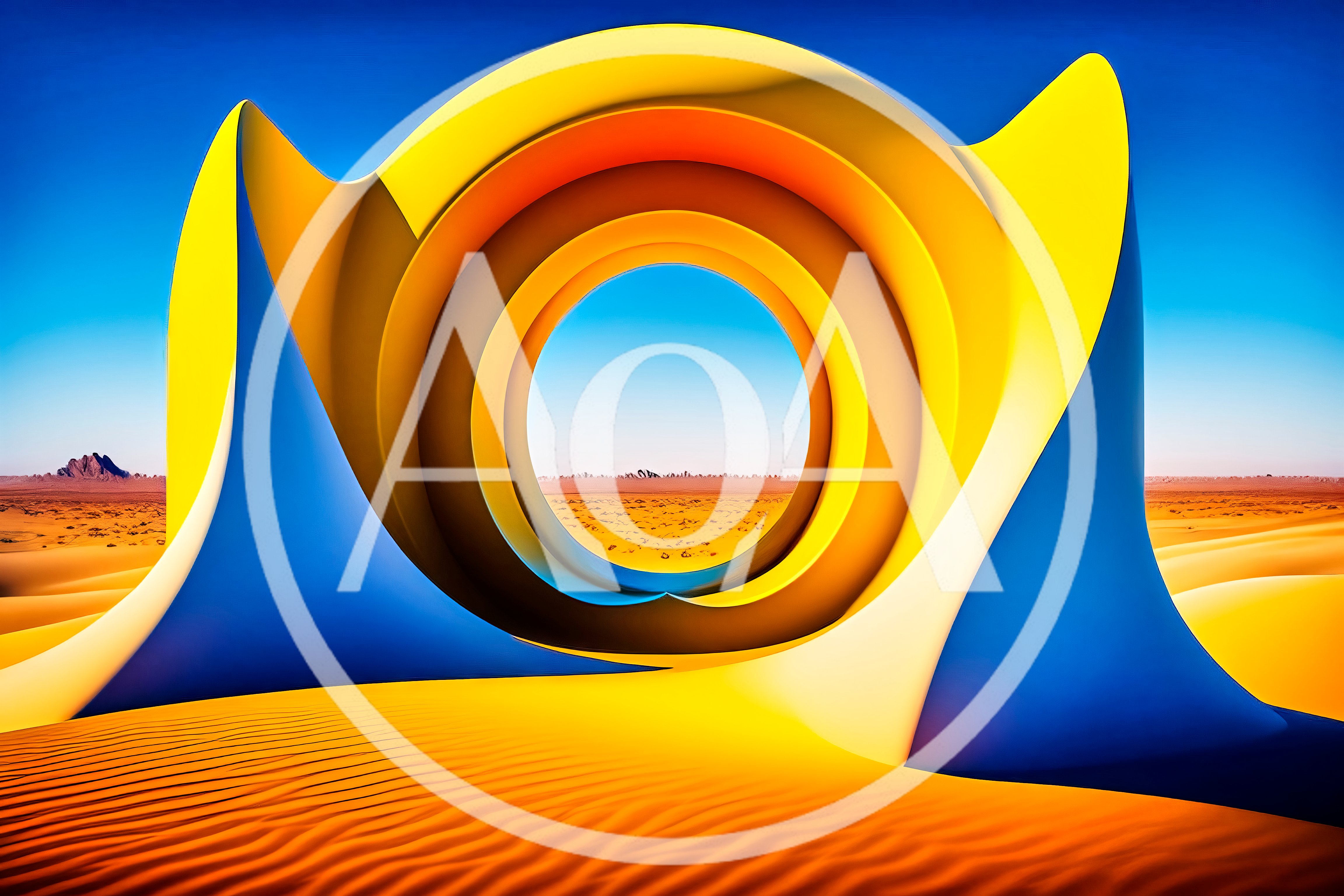 Abstract Yellow And Blue Sculpture In Desert Landscape