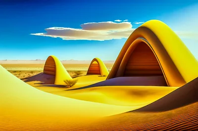 Surreal Golden Desert Landscape With Architectural Dune Structures