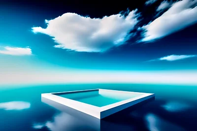 Minimalist White Square Pool Floating In Surreal Blue Ocean