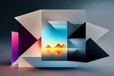 Abstract Geometric Composition With Pyramid Landscape Portal
