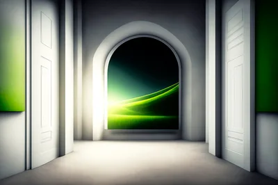 Arched Window Opening To A Surreal Green Landscape